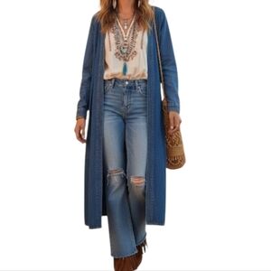 Vintage Wildflowers Long Blue Denim Buttondown Jacket